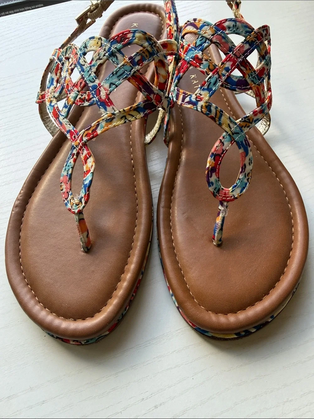 Kelly & Katie Multicolor Braided T-Strap Sandals with Brown Footbed